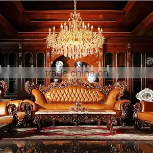 American Style Palace Leather Sofa With Carved Wooden Frame, Villa Sofa Set(MOQ=1 SET) thumbnail-1