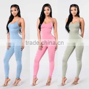 Wholesale Women Rompers Trendy and Stylish 95% Cotton 5% Spandex Spaghetti Strap Catsuit Womens Bodycon Jumpsuit thumbnail-1