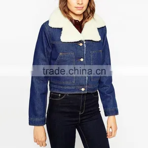 Thick Crop Top Warm Denim Jacket Woven Wool Fabric for Winter Overcoat thumbnail-3