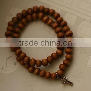 Long Wrap Wood Bead Bracelet With Vintage Cross Charm Fashion Friendship Jewelry thumbnail-1
