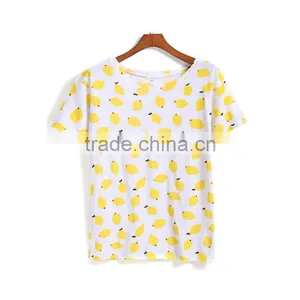 Dongguan Cheap T-shirt Short Sleeve Round Neck Yellow Print T-shirt for Ladies thumbnail-1