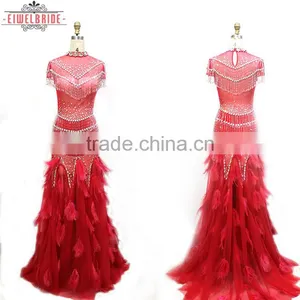 OEM Long Floor-length Beaded and Feather Red Sheath/Column Wedding Dress thumbnail-1