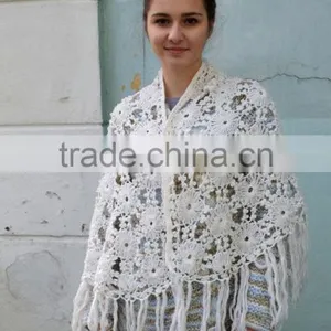 Vintage White Crochet Shawl, Soft Crochet Fringe Wrap, Wedding Shawl Wrap, Bride Shawl Ivory Wedding thumbnail-5