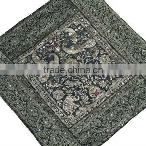 Sari Cushion Cover - Green Peacock Elephant Brocade Sequin Throw Pillow 16" thumbnail-1