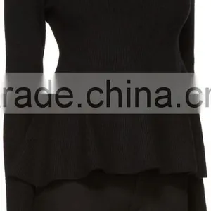 High Quality Women Plain Black Long Sleeve Rib Knit Pullover With Peplum Hem thumbnail-2