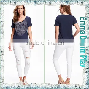 2016 New Designs Wide Open Neck Blue Printing Cotton T Shirts for Sexy Womens thumbnail-3