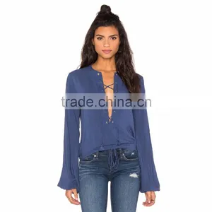 Fashion Lace Up Neck Designs for Ladies Blouse thumbnail-1