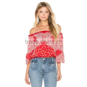 Ladies Off Shoulder Check Cotton Printed Blouse 2016 Design thumbnail-1