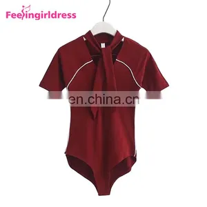 China Factory Wine Red Bodysuit High Elasticity Vintage Romper Cotton Womens Clothing Jumpsuits thumbnail-1