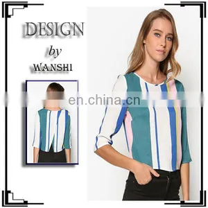 Fashion Design Half Sleeve Stripe Wrap Back Tee Office Elegant Top Woman thumbnail-1