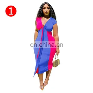 Summer Women Elegant Two Color Patchwork Tie Up V-neck Bodycon Midi Pencil Dress Night Club Sexy Party Dresses Vestidos 3 Colors thumbnail-3