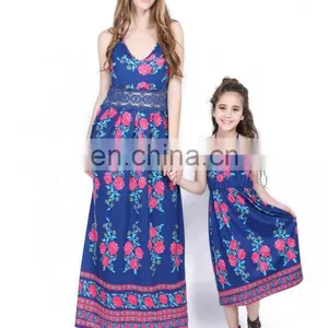 Fashion Design Mommy and me Outfits Blue Floral Printed Mother Daughter Matching Dress thumbnail-1