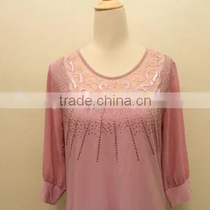 Ladies Fashion Lace Pink Chiffon Jewel Blouse thumbnail-3