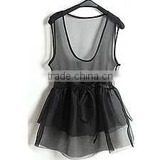 Organza Perspective to Collect Waist Black Top thumbnail-1