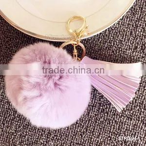 Promotion In Stock Rabbit Fur Ball Leather Tassel Key Chain thumbnail-5