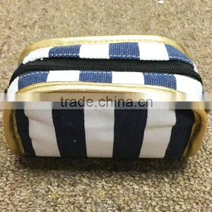Blue Stripe Printing Cotton Canvas Zipper Pouch Make Up Clutch Bag With Gold Edge thumbnail-1