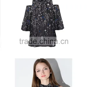 Slim V Neck Off Shoulder Sleeve Galaxy Printing Blouse thumbnail-5