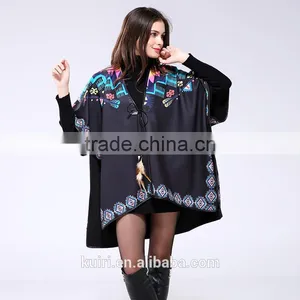 Brand Fashion Womens Autumn Winter Warm Flower Pattern Slit Wool Blend Plaid Blanket Cloak Poncho Cape Coat thumbnail-1