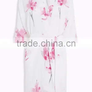 Customize Ladies Luxury Printing Silk Satin Knee Length Robe, Sexy Lace Trim Long Sleeve Kimono Robe 2017013 thumbnail-1