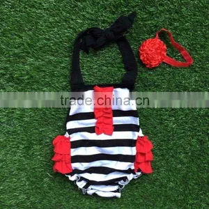 2016 New Baby Girls Kids Red and Black Stripe Romper Infant Clothing Baby Kids Wear With Matching Headband Set thumbnail-1