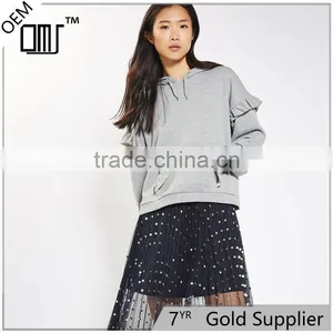 2017 Oem Spring Long Sleeves Solid Color Pretty Ruffle Grey Marl Hoodie thumbnail-1