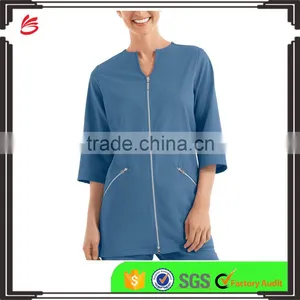 Solid Blue Color OEM Zipper Closure 3/4 Sleeve Women Spa Coat thumbnail-1