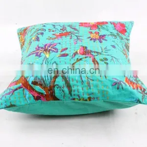 Indian Green Floral Kantha Cushion Cover Kantha Throw Pillow Cover Hand Stitched Kantha Cushion Cover Cotton Handmade thumbnail-3