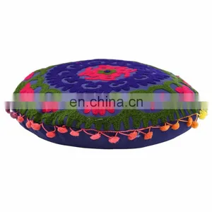 Suzani Pillow With Pom Pom Lace Embroidered Outdoor Pillow Cover Cushions thumbnail-2
