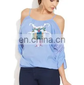 OEM Manufacturer Latest Designed Off Shoulder Embroidered & Sequence Work Elegant Indian Fashion Women Tunic Blouse/Blusas Dress thumbnail-1