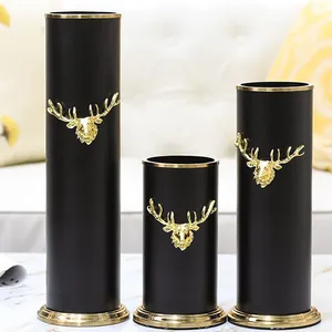 Metal Deer Head Nordic Light Luxury Cylinder Black Gild Metal Vase For Home Soft Decor thumbnail-1