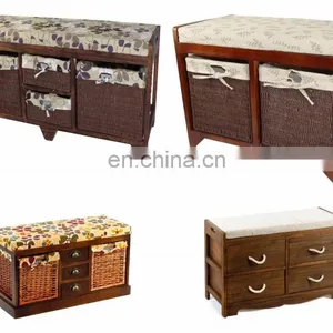 Wicker Basket Drawers Solid Wood Linen Fabric Covered Hall Storage Bench Seat thumbnail-1