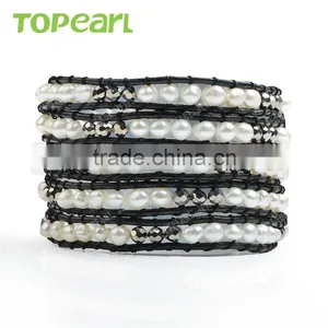Topearl Jewelry Freshwater Pearl Wrap Bracelet Woven Leather Bracelet for Women 33.5 Inches CLL131 thumbnail-1