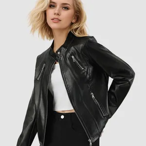 2025 New Autumn Slim Fit Women's Standing Collar Slim Fit Jacket European and American Leather Jacket Women's Custom Printing thumbnail-1