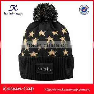 Stars Customized Leather Logo High Quality Winter Knitted Beanie Cap thumbnail-1