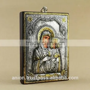 Greek & Russian Orthodox Wooden Icon. Mother God. Hodegetria. Silver. Made in Italy thumbnail-3