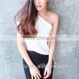 Newest Fashion White Ladies Summer Thailand One Side Shoulder Tops Blouses Formal Asymmetric Dress for Women Girls thumbnail-1