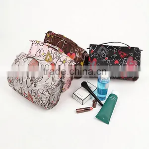 210D Nylon Plaid Floral Printing Toiletry Cosmetic Bag With Hanger thumbnail-1