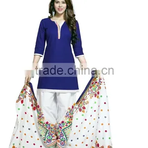 Patiyala Style Printed Cotton Dress Material With Blue and White thumbnail-1