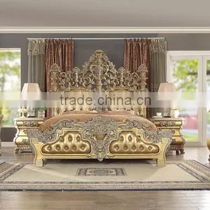 Wooden Hand Carved European Style Fancy Classical Canopy Bedroom Furniture/King Bed For Luxury Villa(MOQ=1 SET) thumbnail-4