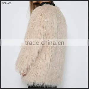 2015 New Fashion High Quality Long-haired Imitation Wool Women Winter Black Faux Fur Long Coat thumbnail-4