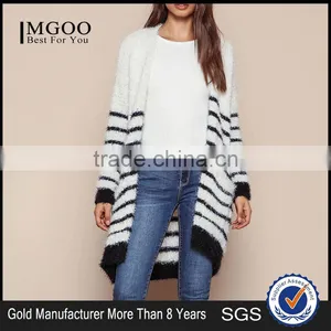 MGOO 2016 New Arrival Fuzzy White Striped Cardigan Women Knit Tops Cashmere Sweaters Women Clothing thumbnail-1