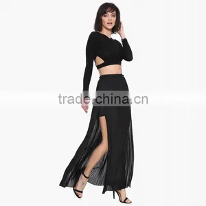 MGOO High Fashion Two Layers Women Chiffon Maxi Skirts Black Pink Women Pleated Skirts Sexy Split 15146A071 thumbnail-2