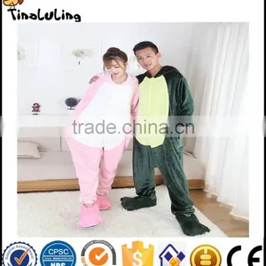 Autumn Winter Flannel Lovers Couples Animal Pajamas One Piece Cartoon Sleepwear Halloween Pink/Green Dinosaur Cosplay Pajama thumbnail-4