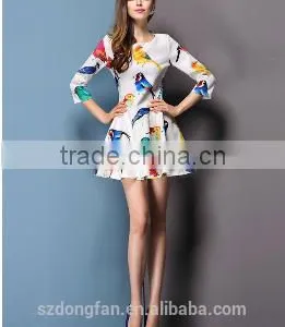 Casual 2015 Summer Style Sexy Bodycon Birds Print O Neck Pleated Party White Dress Women Vestidos Cheap Clothes China thumbnail-4
