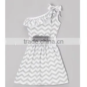 Pink Chevron Summer One Shoulder Dress Wholesale Zigzag Cotton Princess Dress Girls Chevron Peasant Dress thumbnail-1