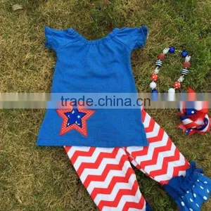 2015 Hot Sell Baby Girls 4th of July Patriotic Capri Sets Ruffle Outfits With Matching Necklace and Neckalce thumbnail-2