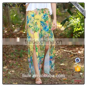 Yellow Floral Women Maxi Hawaiian Skirt With Slits thumbnail-1