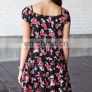 CHEFON Short Sleeve off Shoulder Allover Rose Print Tiered Women Smock Dress thumbnail-3