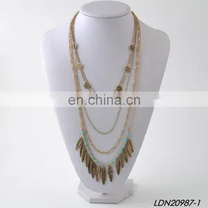 Bohemian Layered Turquoise and Leaves Pendant Necklace Fashion Gold Necklce and Silver Necklaces thumbnail-1