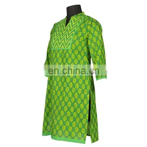 GREEN PRINTED WITH YOKE NEHRU COLLAR FRONT PLEATS 100% COTTON INDIAN STYLE thumbnail-3